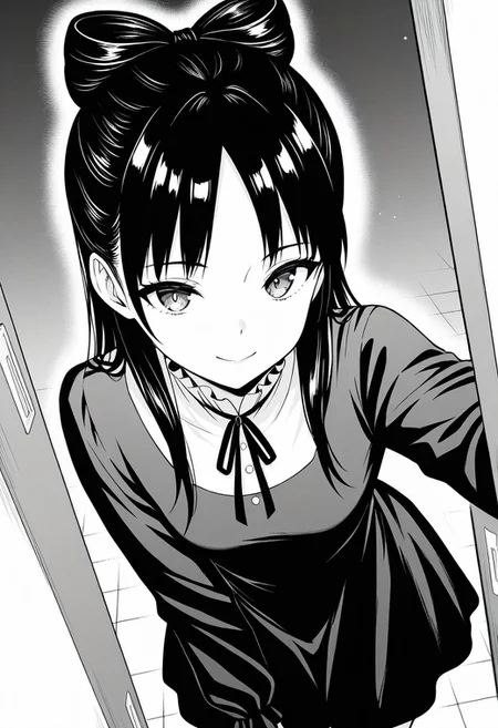 (absurdres, best quality, masterpiece:1.4), amazing quality, highres, newest, detailed, detailed body, detailed face, beautiful, petite, monochrome, greyscale,
BREAK
WWNemu, 1girl, solo, standing, smile, NemuMang, manga illustration, bow-shaped hair, parted bangs, half updo, dress, frill collar, neck ribbon