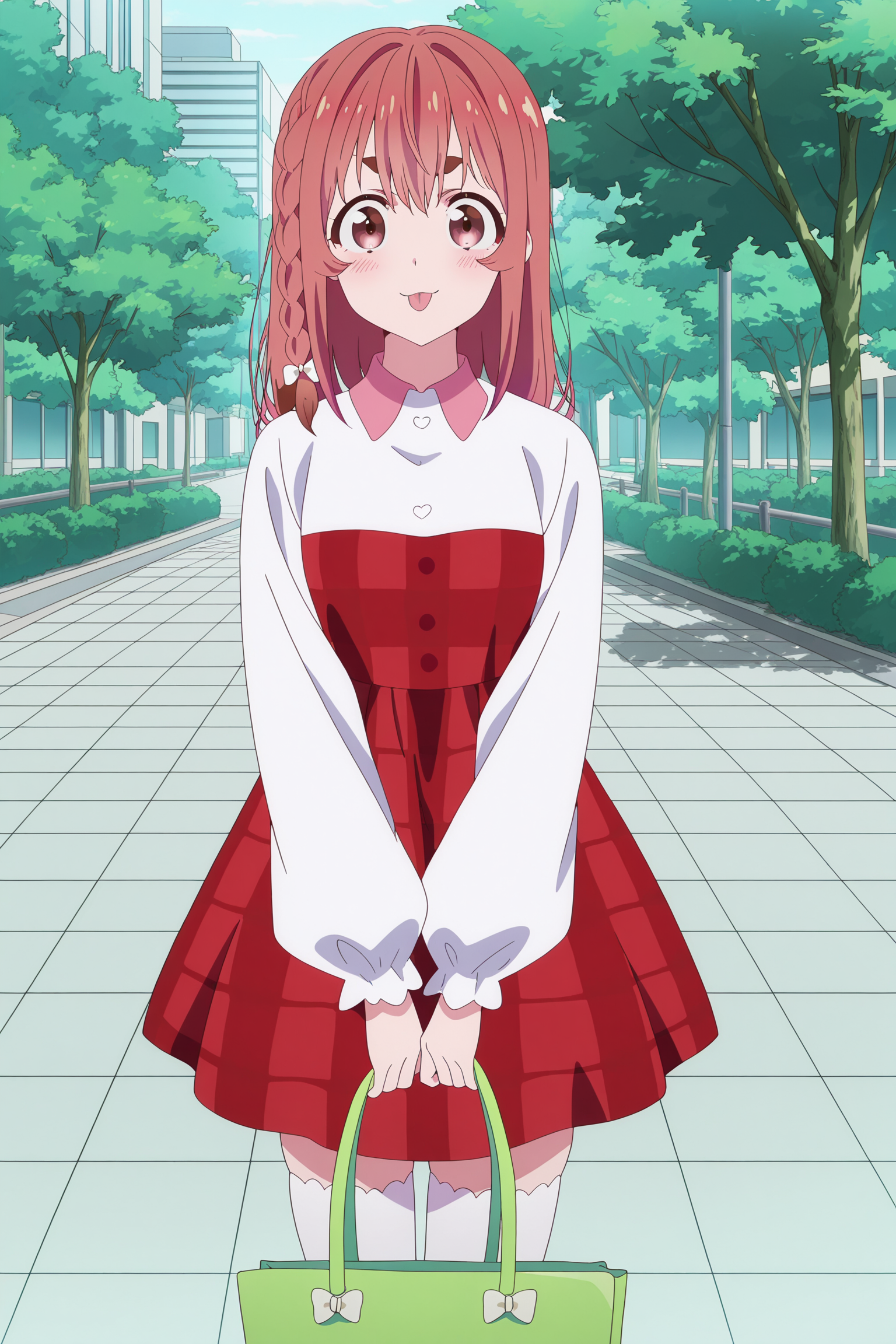 anime screencap, anime coloring, detailed face, masterpiece, best quality, very aesthetic, absurdres, volumetric lighting, official style, amazing quality, ultra detailed,  highres, amazing quality, scenery, beautiful detailed hair, beautiful detailed eyes,
 <lora:Sumi_Sakurasawa_Rent-A-GirlfriendKanojo_Okarishimasu:1>
outside,
Sumi red plaid dress (outfit), Sumi Sakurasawa (character), 1girl, solo, thighhighs, side braid, bag, dress, white thighhighs, holding bag, shoes, outdoors, braid, red hair, red eyes, cowboy shot, :P, looking at the viewer