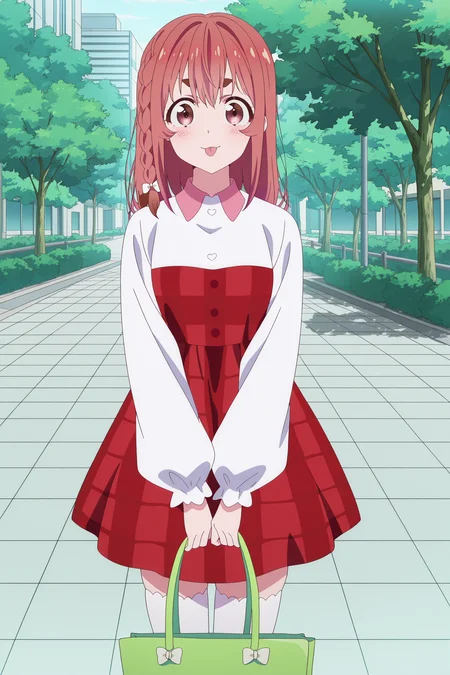 anime screencap, anime coloring, detailed face, masterpiece, best quality, very aesthetic, absurdres, volumetric lighting, official style, amazing quality, ultra detailed, highres, amazing quality, scenery, beautiful detailed hair, beautiful detailed eyes,
<lora:Sumi_Sakurasawa_Rent-A-GirlfriendKanojo_Okarishimasu:1>
outside,
Sumi red plaid dress (outfit), Sumi Sakurasawa (character), 1girl, solo, thighhighs, side braid, bag, dress, white thighhighs, holding bag, shoes, outdoors, braid, red hair, red eyes, cowboy shot, :P, looking at the viewer