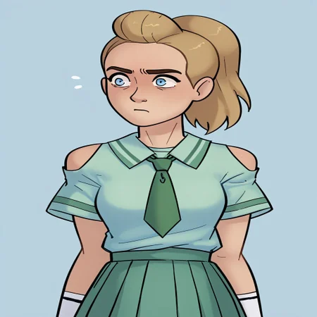 score_9, score_8_up, score_7_up, relatedguy, bust shot, solo, bare shoulders, CHAdora, simple background, one colour background, light blue background, Guilty, Downcast eyes, slumped shoulders, and a slightly ashamed expression, School Uniform, Green Tie, Green Collar Shirt, Skirt, Pleated Skirt, Short Sleeves, Long Socks,