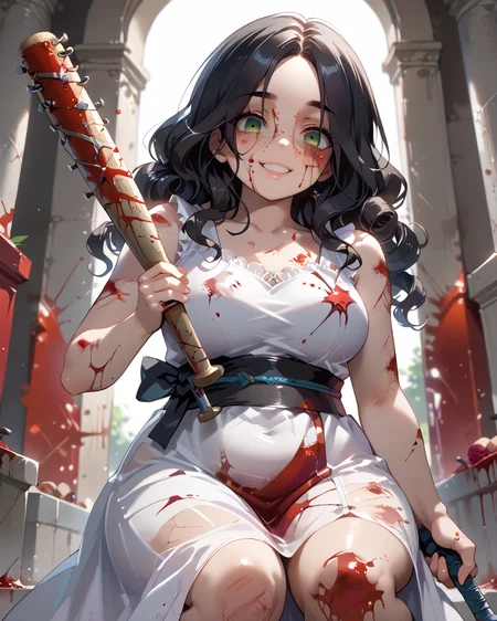 PonyScores7, source_anime, ah1, BREAK 1girl, (curly hair), long hair, (black hair:1.3), mature female, (parted hair:1.7), (round face:1.2), (fringe:-0.5), (bangs:-0.5), (hair between eyes:-0.5),  (thick eyebrows), (curvy), round-chin, (greenish hazel eyes), caucasian, (downturned eyes:1.2), (plump face), <lora:ETO_OCPonyXL:0.5> eto_oc, skindentation, (plump), thick thighs, wide hips, busty, voluptuous, kinky curls, lips, <lora:venus body PonyXL:0.4>, (<lora:yandere_Pony_v1:0.3> yandere, (shaded face), (empty eyes), head tilt, crazy smile), (<lora:DynamicPose_alpha1.0_rank4_noxattn_100steps:0.8> dynamic pose, wielding spiked bat), looking at viewer, (<lora:carrie bloody dress:0.3> blood on face, blood on clothes, blood on dress, blood tainted, blood splatter, white dress, long dress, sleeveless, tiara, collarbone, sash), BREAK <lora:xl_more_art-full_v1:0.2>, <lora:shinyskin2:0.2> glistening skin, <lora:aesthetic_anime_v1s:0.2>, <lora:Expressive_H:0.2> Expressiveh, <lora:hairdetailpxl:0.2> hairdetailpxl, <lora:EpicF4nta5yXL:0.2>, <lora:detailxl:0.2> detailxl, <lora:Fant5yP0ny:0.2>, best quality, amazing quality, best aesthetic, absurdres, <lora:expressive eyes:0.2> expressive eyes, <lora:eyedetailpxl:0.2> eyedetailpxl, illustration, Volumetric_Lighting, ultra-detailed, very aesthetic, intricate details, 8k, masterpiece, best_quality, BREAK (Low angle view medium Close shot (focus on knees)), BREAK <lora:Eyes_High_Definition:0.3> EyesHD, Stable_Yogis_PDXL_Positives, AS-Adult, <lora:Complicated fantasy portrait - XL Pony V2.0:0.4>, bad-hands-5,  <lora:blood bath-GMR:0.8> Blood Bath, <lora:BloodLoraPony:0.8> Blood, many blood, pool of blood, blood stains, stained with blood, <lora:spiked_bat_pony:0.8> spiked bat, holding bat, hitting with bat, brandishing a bat, batting,