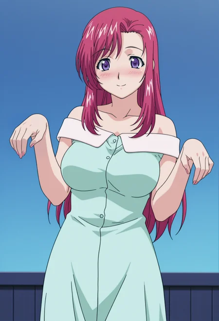 masterpiece, best quality, amazing quality, anime coloring, anime screencap, 1girl, mature female, <lora:DX888MizuhoIL:1>, kazami mizuho, purple eyes, pink hair, long hair, smile, blush, BREAK off-shoulder dress, dynamic pose, blue background pastel background, cowboy shot, ghost pose,