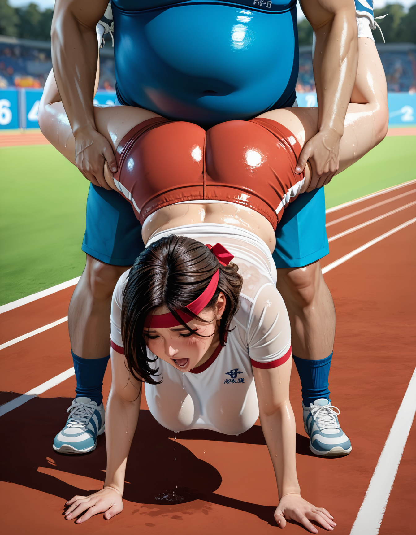 1girl, mature female, curvy, 
breasts, sweat, shiny skin, gym uniform, spats \(footwear\), red headband, open mouth, saliva, blush, hanging breasts, ass, sweaty clothes, sweat, wet, looking down, handstand, 
hetero, implied sex, wheelbarrow position, 
1boy, fat man, gym uniform, shorts, standing, sneakers, socks, deep penetration, hands on another's thighs, 
outdoors, sports festival, wheelbarrow race, running track, solo focus, 
masterpice, best quality, absurdres, highres, newest, questionable,