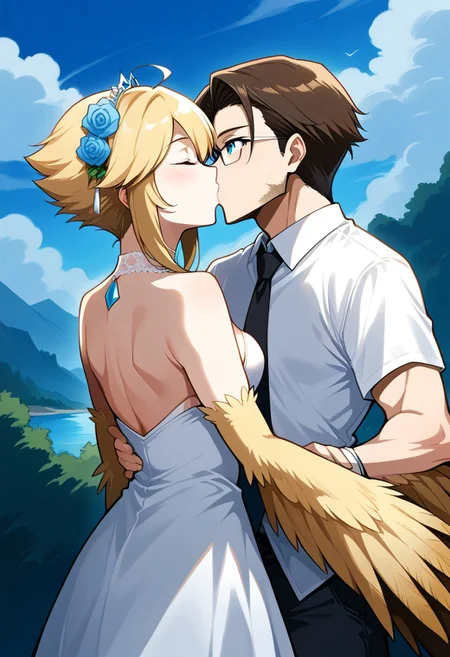 score_9, score_8_up, score_7_up, score_6_up, score_5_up, score_4_up, highres, 1boy, 1girl, sn0wdr0p marrying 43r0n,
BREAK
1girl, h0n3y, monster girl, harpy,
BREAK
1boy, 43r0n, 
BREAK
wedding dress, black wedding suit, happy, kissing, golden ring, ring finger, ring on finger, outside, cliff edge, wedding scene, flower arch, source_anime, ntm,