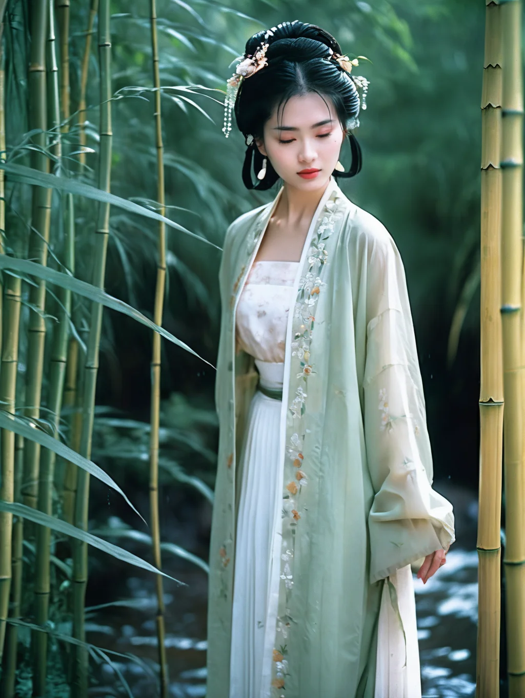 analog film photo A beautiful girl in a bamboo forest, rain,rainy day, wet hair,sadness,frontal view,looking at view,watching with deep affection, beautiful face,long eyelashes, charming eyes,wet szhf dress,light green beizi,white pleated skirt,drenched,full body <lora:szhf:0.8> . faded film, desaturated, 35mm photo, grainy, vignette, vintage, Kodachrome, Lomography, stained, highly detailed, found footage