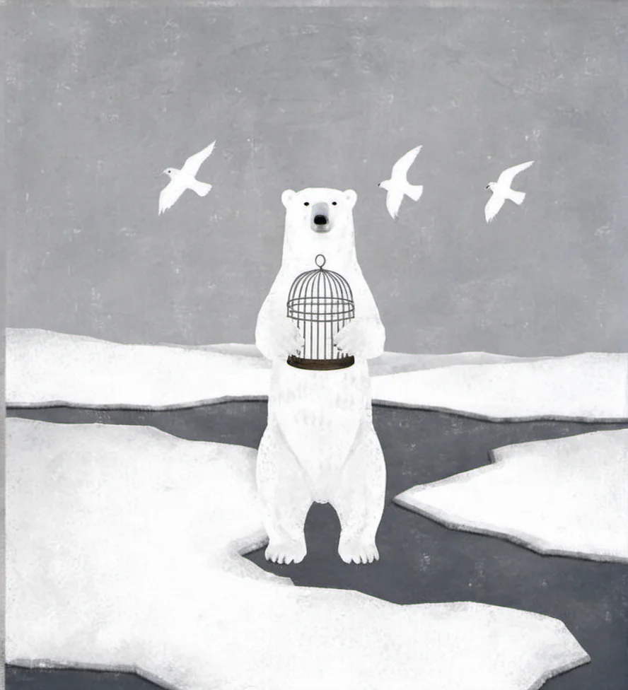 polar bear,holding birdcage,Arctic,ice,snow,winter,frozen landscape,minimalist art,surreal,white and grey tones,isolation,loneliness,calm,feathers,conceptual,wildlife,standing,cold,simple composition,muted colors,smooth texture,contemplative,nature,environment,climate change,solitude,snowy background,<lora:æ²»æ-000009:0.8>,