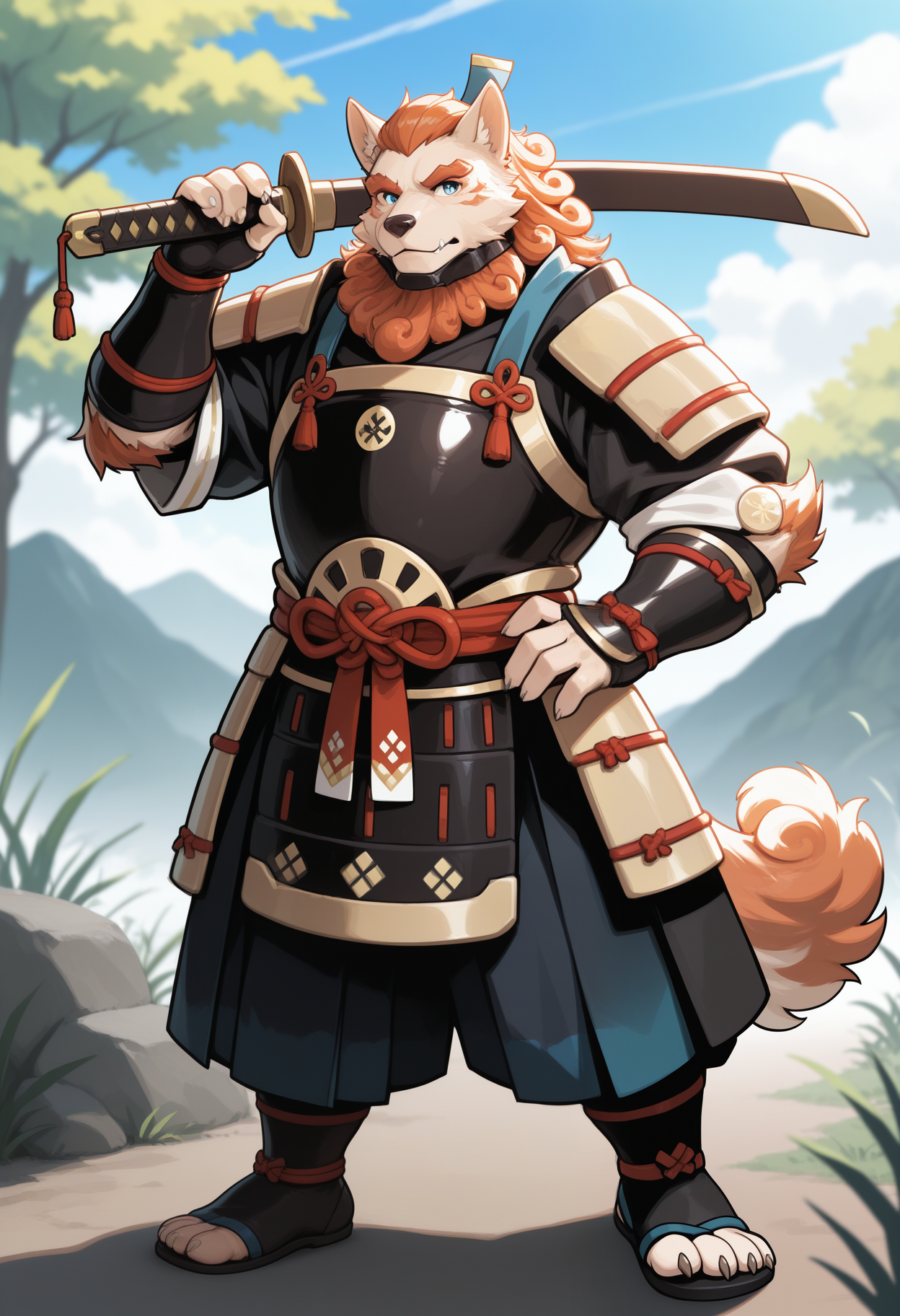 masterpiece,best quality,amazing quality, 1boy, solo, 1boy,t0y0, footwear, dog boy, samurai clothes, tail, weapon, armor, black gauntlets,