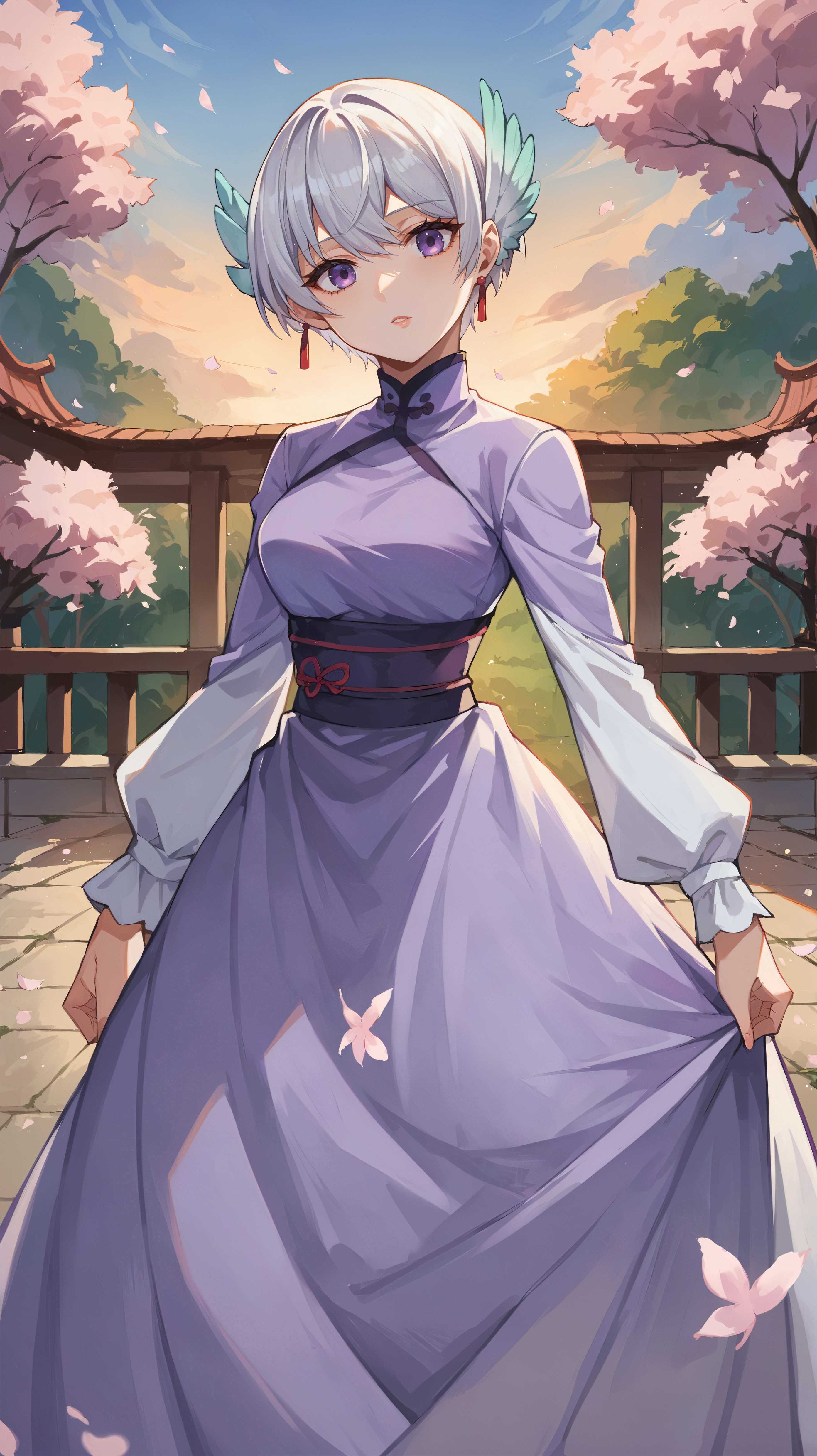 score_9,score_8_up,score_7_up,score_6_up, source_anime, zPDXL, <lora:xl_more_art-full_v1:0.5>, woman, dynamic pose, head tilt,  <lora:Lily Front Gritonia - Pony-000004:0.8>, short hair, white hair, purple eyes, head wings, purple dress, long sleeves, long dress, light purple sleeves, garden, cherry blossoms, sunset,
