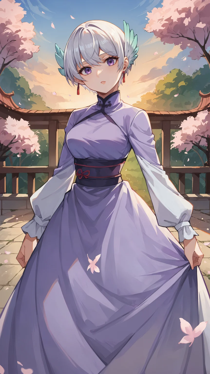 score_9,score_8_up,score_7_up,score_6_up, source_anime, zPDXL, <lora:xl_more_art-full_v1:0.5>, woman, dynamic pose, head tilt, <lora:Lily Front Gritonia - Pony-000004:0.8>, short hair, white hair, purple eyes, head wings, purple dress, long sleeves, long dress, light purple sleeves, garden, cherry blossoms, sunset,
