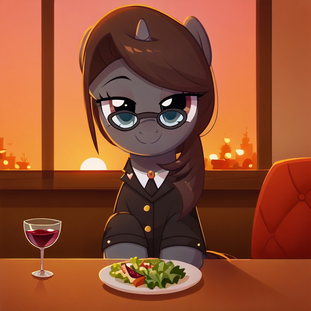 masterpiece, perfect detail, best high quality, source_pony, show accurate, cute, 1girl, female, solo, oc:sonata, glasses, attorney suit, badge on collar, pony, tail, sitting, sitting in chair, table, wine glass, wine bottle, plate, silverware on table, fork, knife, napkins, fancy restaurant, salad on plate, candles, windows, sunset, smile, closed mouth, beautiful, bedroom eyes, looking at you, facing you, sitting across from you, pov, score_9, score_8_up, score_7_up, score_6_up, score_5_up, score_4_up