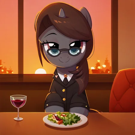 masterpiece, perfect detail, best high quality, source_pony, show accurate, cute, 1girl, female, solo, oc:sonata, glasses, attorney suit, badge on collar, pony, tail, sitting, sitting in chair, table, wine glass, wine bottle, plate, silverware on table, fork, knife, napkins, fancy restaurant, salad on plate, candles, windows, sunset, smile, closed mouth, beautiful, bedroom eyes, looking at you, facing you, sitting across from you, pov, score_9, score_8_up, score_7_up, score_6_up, score_5_up, score_4_up