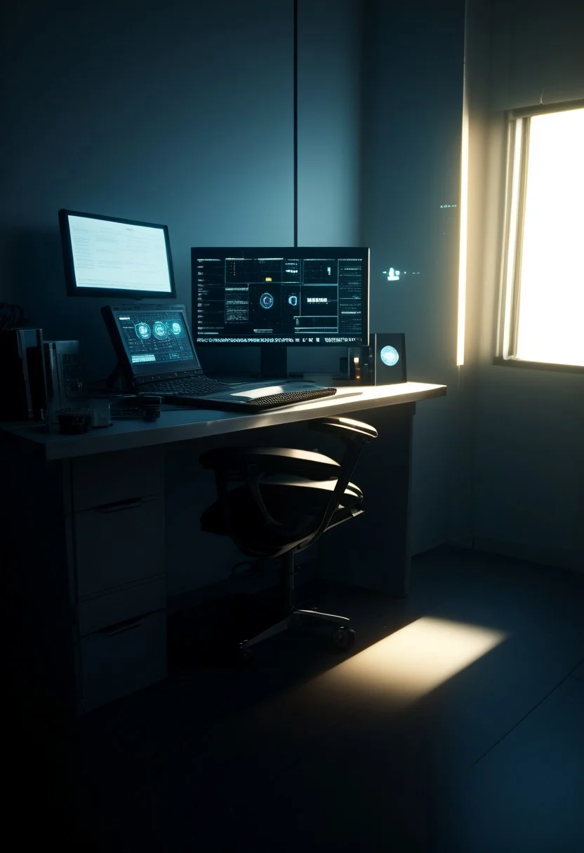 EnD_CyberFutureLandscape Style, futuristic office, specular highlights, side lighting, extreme light and shadow, cinematic lighting, cinematic angle, natural lighting, score_9, score_8_up, score_7_up, score_6_up, score_5_up, score_4_up,