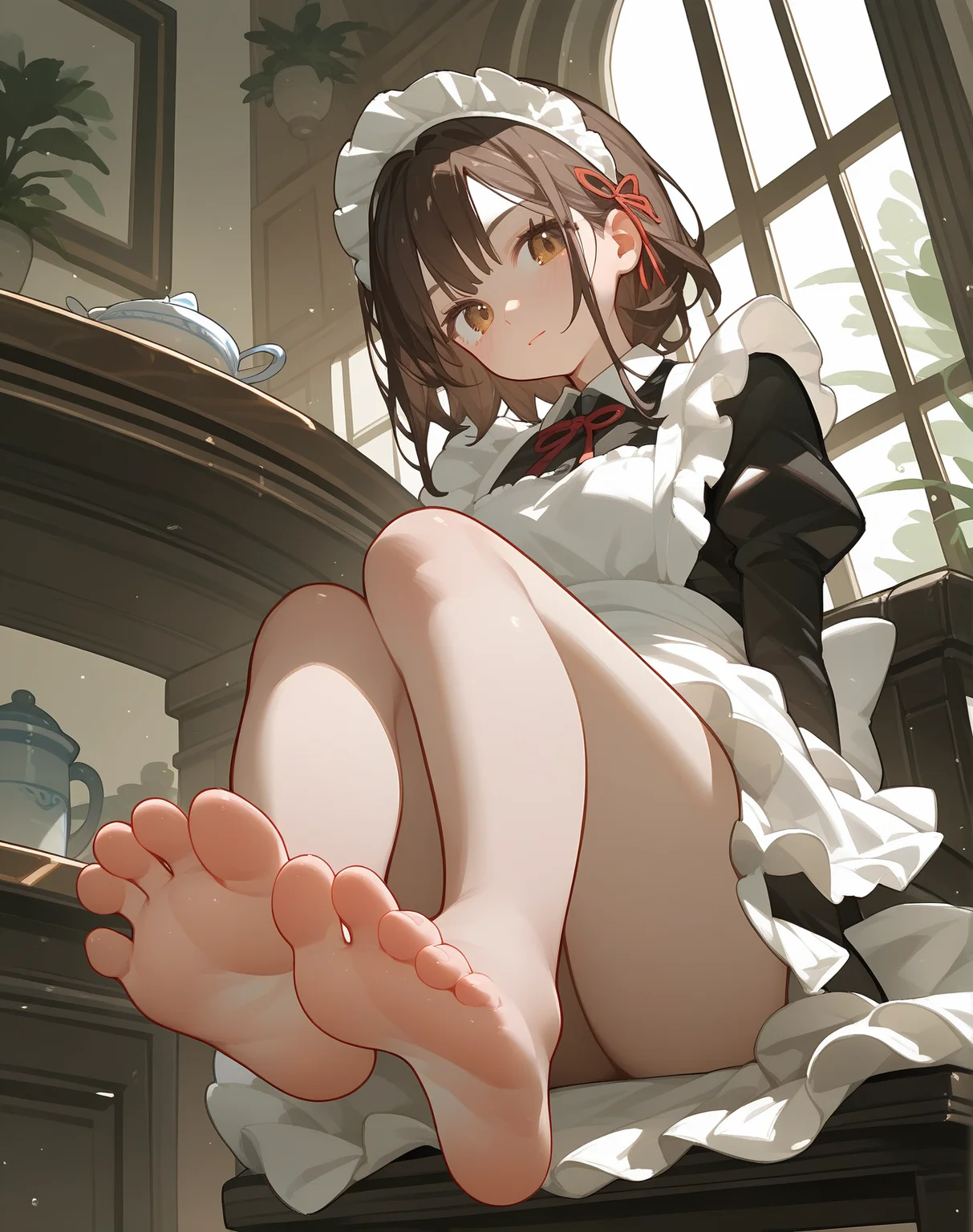 (score_9,score_8_up,score_7_up,),1girl,solo,maid,maid headdress,looking at viewer,apron,brown hair,indoors,black hair,bare foot,feet focus,two feet,