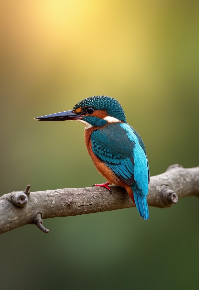 kingfisher bird (perched gracefully on a weathered branch), vibrant blue and teal feathers (glistening subtly in soft sunlight), detailed feather texture (shimmering like polished metal), natural bokeh background (smooth and muted greens and yellows), precise depth of field (highlighting the bird’s delicate form), [contrast between the bird's intricate feathers and the rough branch], warm and tranquil morning light, calmness of nature captured in a single moment, the bird’s poised stance (suggesting quiet observation), [natural harmony between subject and environment], focus on small yet significant details in the scene