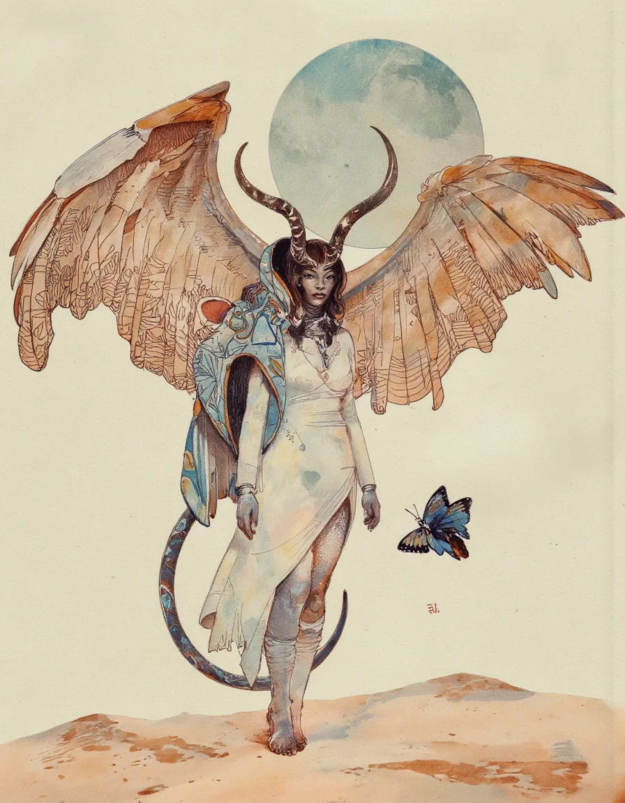 Art by Eli Minaya.
A frontal camera angle about a fantastical creature with large wings and intricate patterns, standing in a desert-like environment with a full moon in the background. the image also shows intricate patterns on the wings and clothing. on the middle of the image, a woman, who appears to be in her mid-twenties, is standing with her full body facing the viewer. she has a slim body, black hair styled in a long, flowing dress with intricate patterns. her eyes are large and black, and she has two large, curved horns on her head. she is wearing a white dress with a blue and brown patterned cape, and her feet are bare. the woman has a blue butterfly perched on her tail. the background is a simple, light beige color, and the image has a soft, ethereal quality to it.