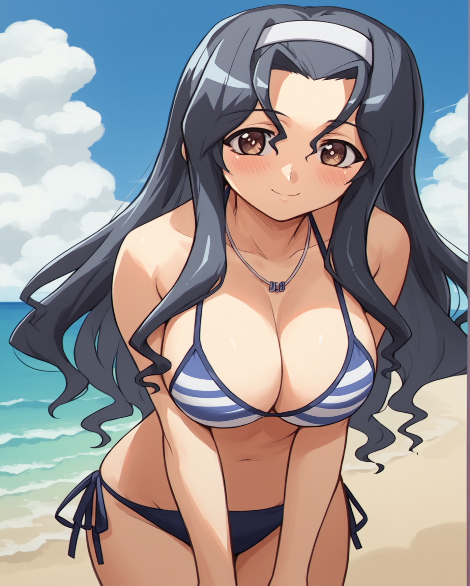 score_9, score_8_up, score_7_up, source_anime BREAK yuuko, 1girl, solo, black hair, long hair, large breasts, perky breasts, brown eyes, hairband, necklace, bikini, side-tie, cleavage, beach, sea, sky, looking at viewer, smile, blush, parted bangs, <lora:Yuuko_Houkago_2_Sayuri_for_Pony:1>, rating_questionable