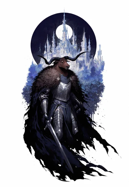 masterpiece, best quality, newest, very aesthetic, absurdres, very awa, b8bbl3w0lf, forest, night, (moon), castle, medieval, fantasy, solo, male focus, furry, bull, horn, brown body, full armor, fur cape, fluffy, detailed fur, holding sword, dynamic pose, three quarter view, (transparent background), white background, blending, minimalism