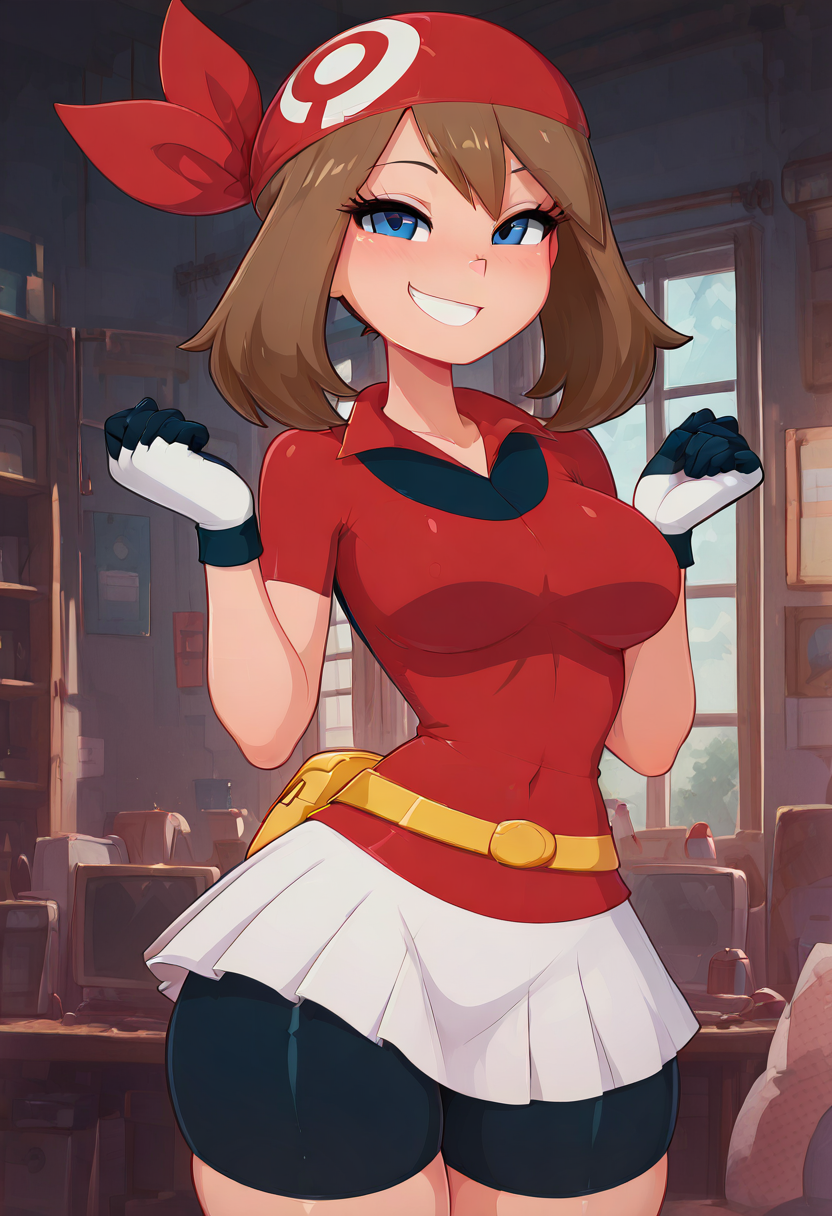 masterpiece, best quality, medium breasts, (curvy),   BREAK,  zzMay, may (pokemon), solo, brown hair, blue eyes, medium hair, red shirt, bike shorts, red bandana, red shirt, gloves,  white miniskirt, yellow belt,  <lora:MayPokemonIXL_v2:1.0>,smile, looking at viewer, cowboy shot,   <lora:LandidzuStyleIXL_v2:1.0>,