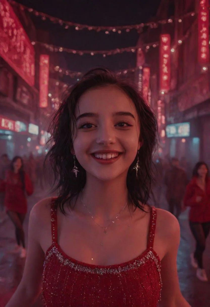 Portrait photo of a beautiful 20-year-old girl, perfect face, perfect body, black hair, smiling, looking at the camera, red mini dress with silver decorations, She dances in the middle of the Street cyberpunk, Cinematic Lighting, High resolution