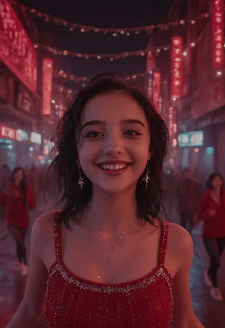 Portrait photo of a beautiful 20-year-old girl, perfect face, perfect body, black hair, smiling, looking at the camera, red mini dress with silver decorations, She dances in the middle of the Street cyberpunk, Cinematic Lighting, High resolution