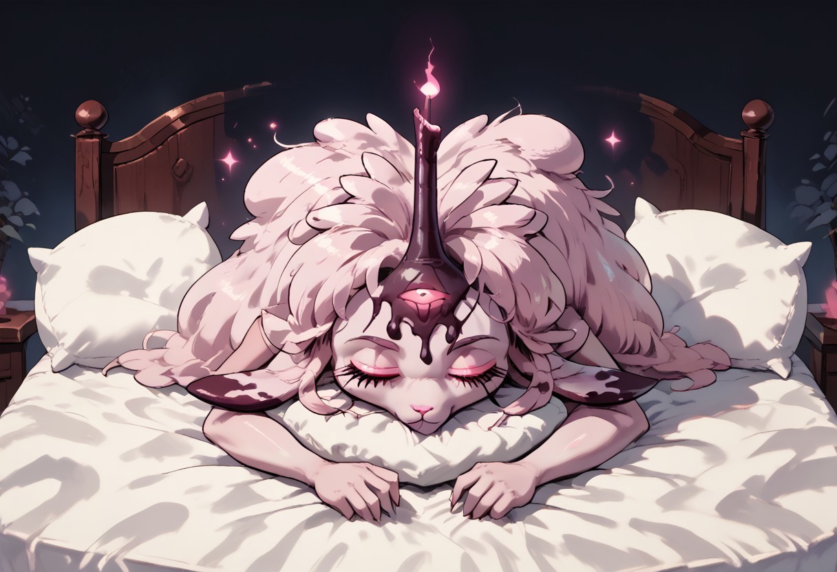female focus, solo focus, solo, score_9, score_8_up, score_7_up,1girl, belphegorHelluvaBoSSV1, furry female, sheep, furry, 1girl, female Focus, glowing eyes, pink eyes, pokemon (creature), closed eyes, bed, bedroom, sleep, asleep, sleeping