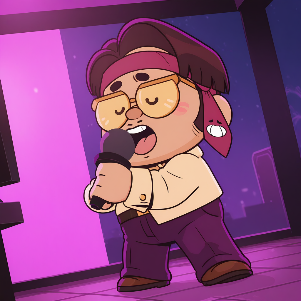 best quality, highly detailed, ultra-detailed, cinematic angle, dynamic angle, dramatic lighting, <lora:bs-jaeyoung-v1-09:1> bs-jaeyoung, chibi, plump, 1boy, glasses, white shirt, red t-shirt, belt, purple pants, brown footwear, partially_tucked_in_shirt, holding_microphone, singing, necktie on head, singing_pose, solo focus, karaoke,
