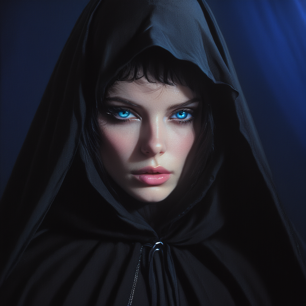<lora:Mystic_Vogue_80s__Occult_PopSDXL:1> Mystic Vogue 80s Occult Pop, The image is a close-up portrait of a woman's face. She is wearing a black hooded cloak that covers her head and shoulders. The cloak is draped over her head covering her entire face. The woman's eyes are a piercing blue color and her lips are a soft pink. The background is dark making the woman's features stand out even more. The image has a dramatic and dreamlike quality with the light shining through the cloak creating a dramatic effect. The overall mood of the image is mysterious and ethereal., 1girl, solo, blue eyes, lips, black hair, hood, looking at viewer, nose, eyelashes, portrait