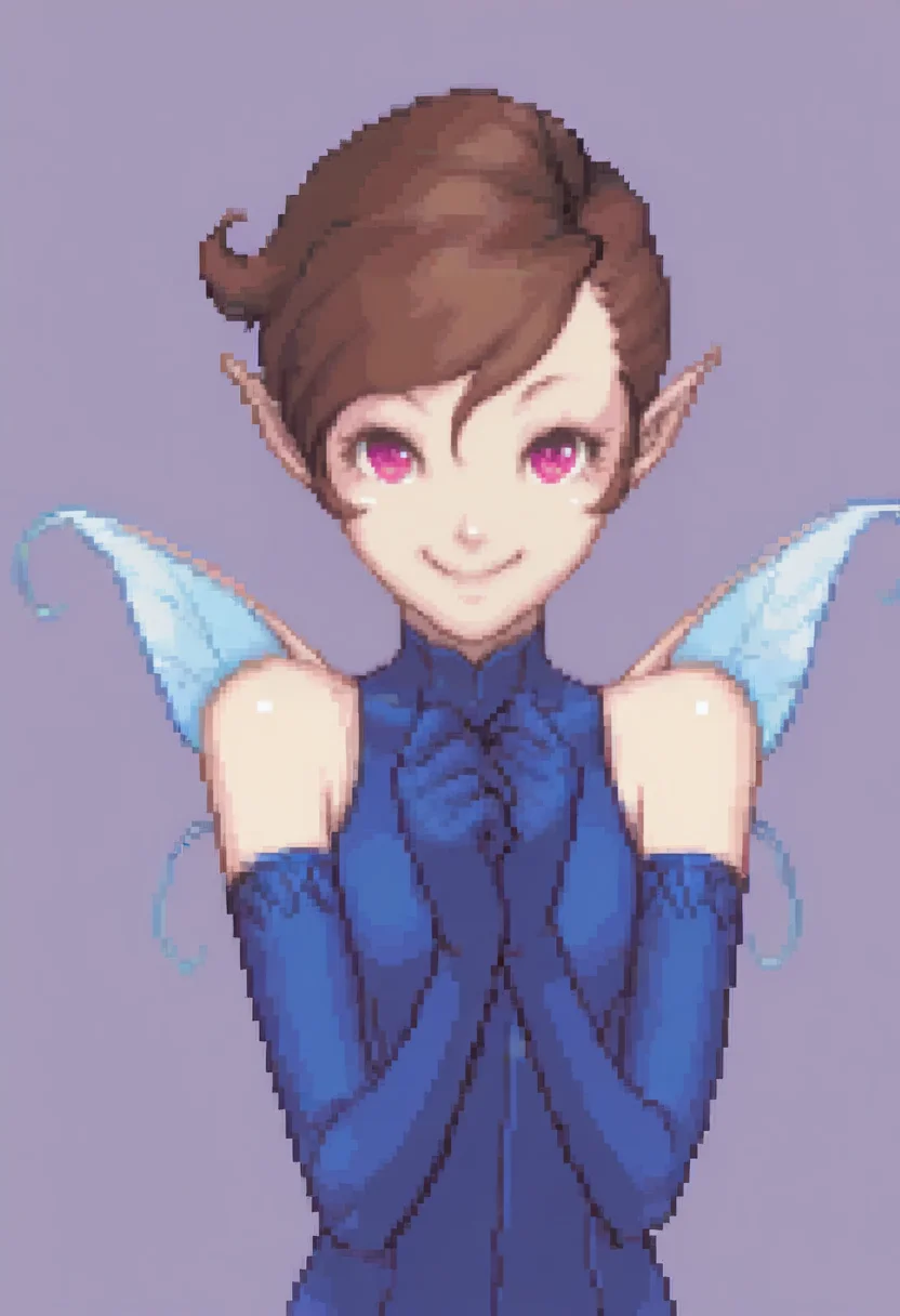 masterpiece, best quality, solo, 1girl, smile, looking at viewer,  <lora:j:1>, pixie, brown hair, short hair, pink eyes, pointy ears, blue leotard, blue elbow gloves, blue thighhighs, fairy wings, <lora:Ace-Attorney-Portraits-illus_Fp:1>, portrait, upper body, pixel art, simple background,