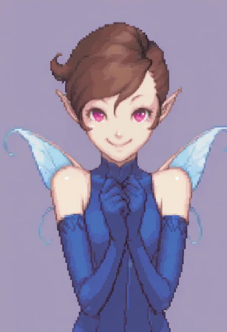 masterpiece, best quality, solo, 1girl, smile, looking at viewer, <lora:j:1>, pixie, brown hair, short hair, pink eyes, pointy ears, blue leotard, blue elbow gloves, blue thighhighs, fairy wings, <lora:Ace-Attorney-Portraits-illus_Fp:1>, portrait, upper body, pixel art, simple background,