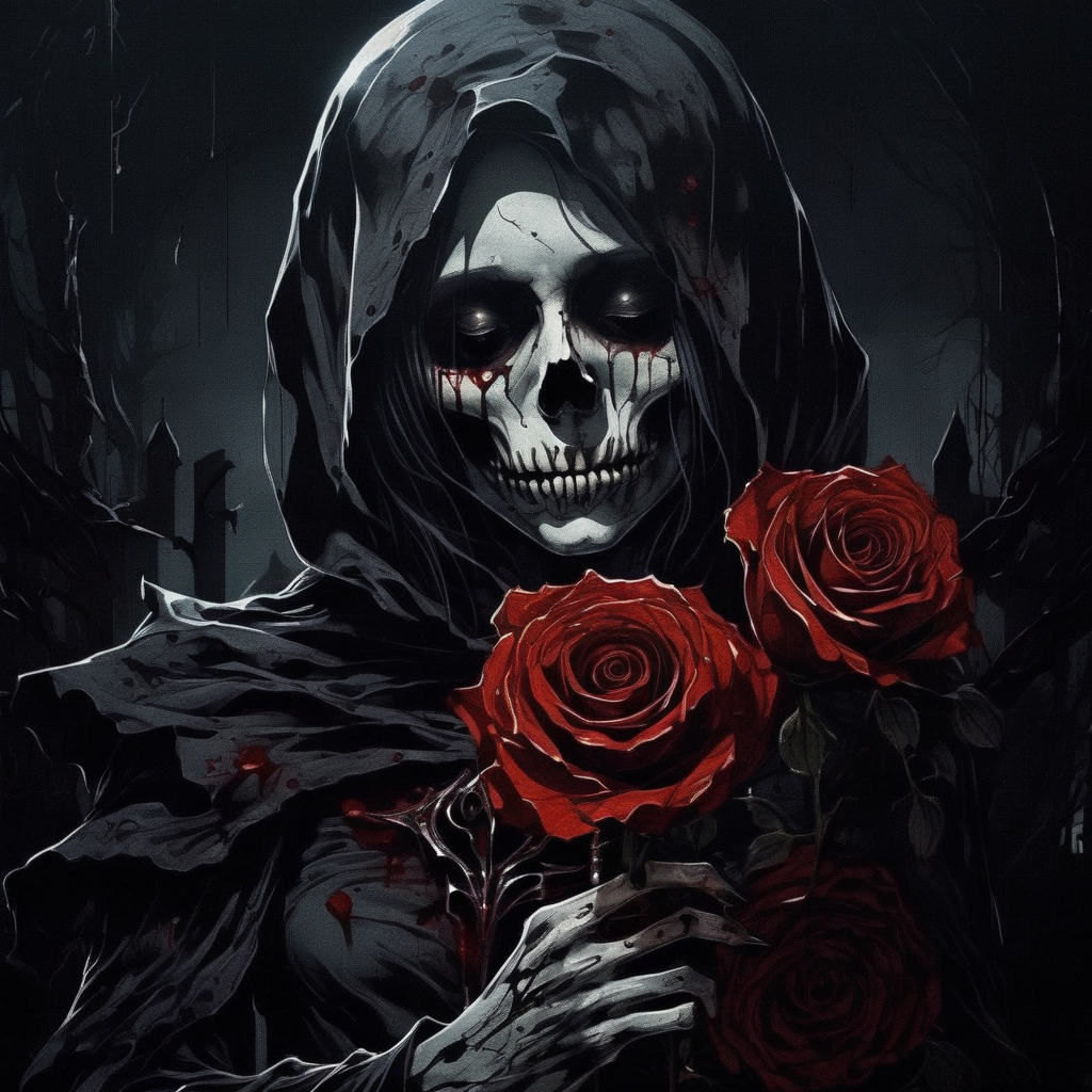 abycrimviso close-up death girl holding a rose, dark atmosphere <lora:abycrimviso:1>