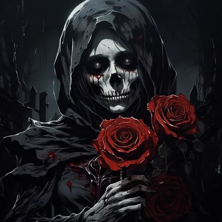 abycrimviso close-up death girl holding a rose, dark atmosphere <lora:abycrimviso:1>
