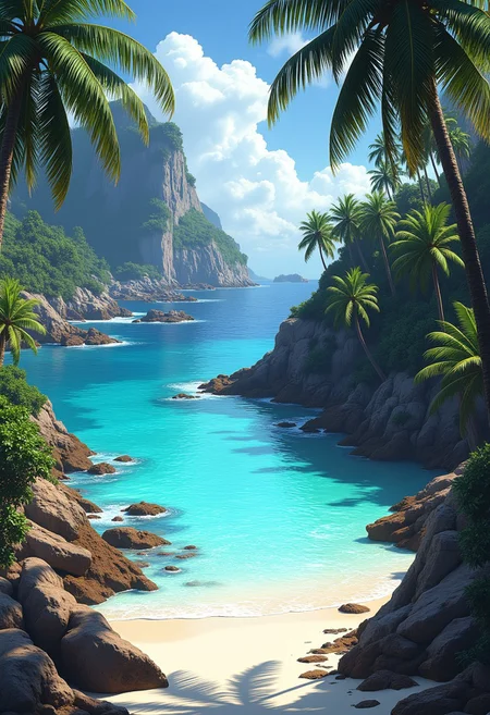 NewFantasyCore, an idyllic deserted tropical cove, with white sandy beach, azure blue seas, palm trees, rocky clifs, sunset
