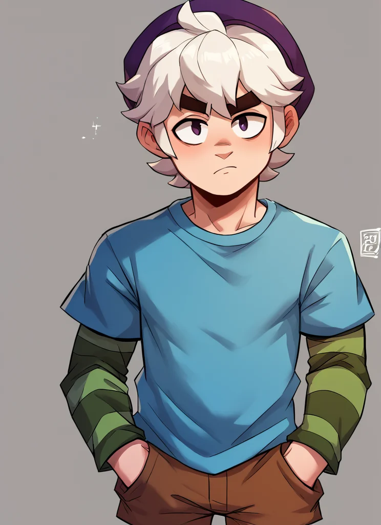 score_9, score_8_up, score_7_up, <lora:bs_gus:1>1boy, bsgus ,green sleeves , aged down, blue shirt ,brown shorts , white hair ,Striped sleeves ,purple headwear , looking at viewer, <lora:torule_style:1>by torule