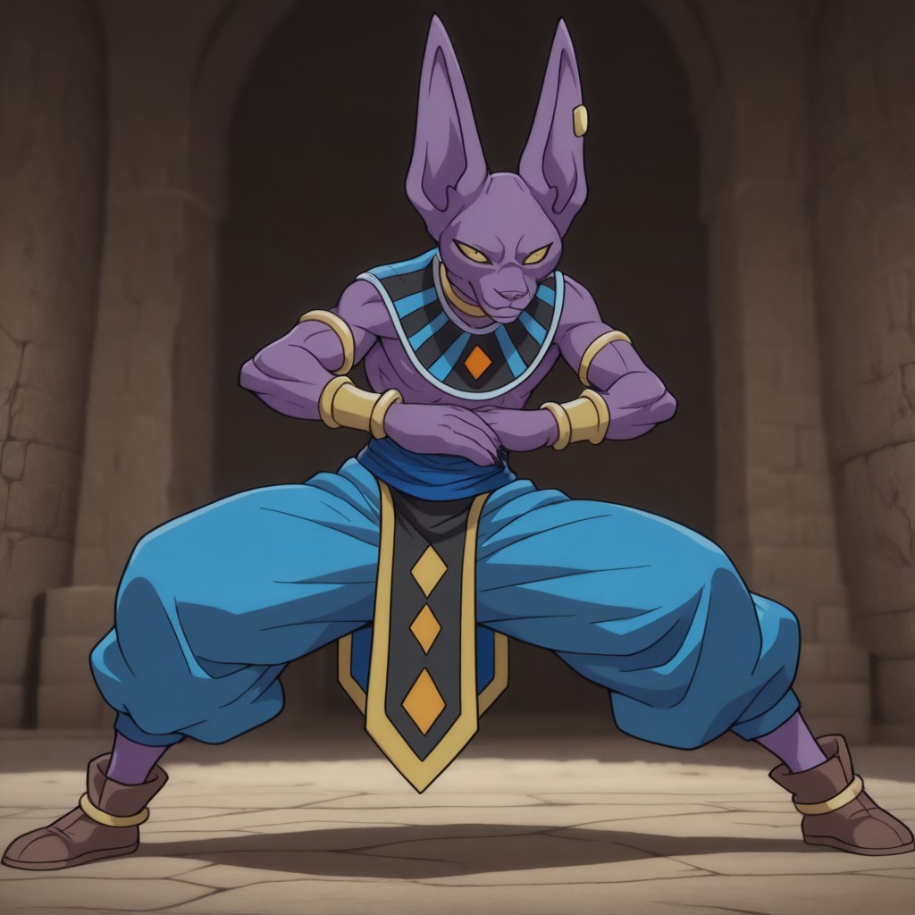 masterpiece, best quality, amazing quality,dbbeerusil, anthro, male, feline, purple skin, yellow eyes, egyptian clothes, blue pants, brown footwear, jewelry, neck ring, armlet, bracer, bracelet, earring, fighting stance