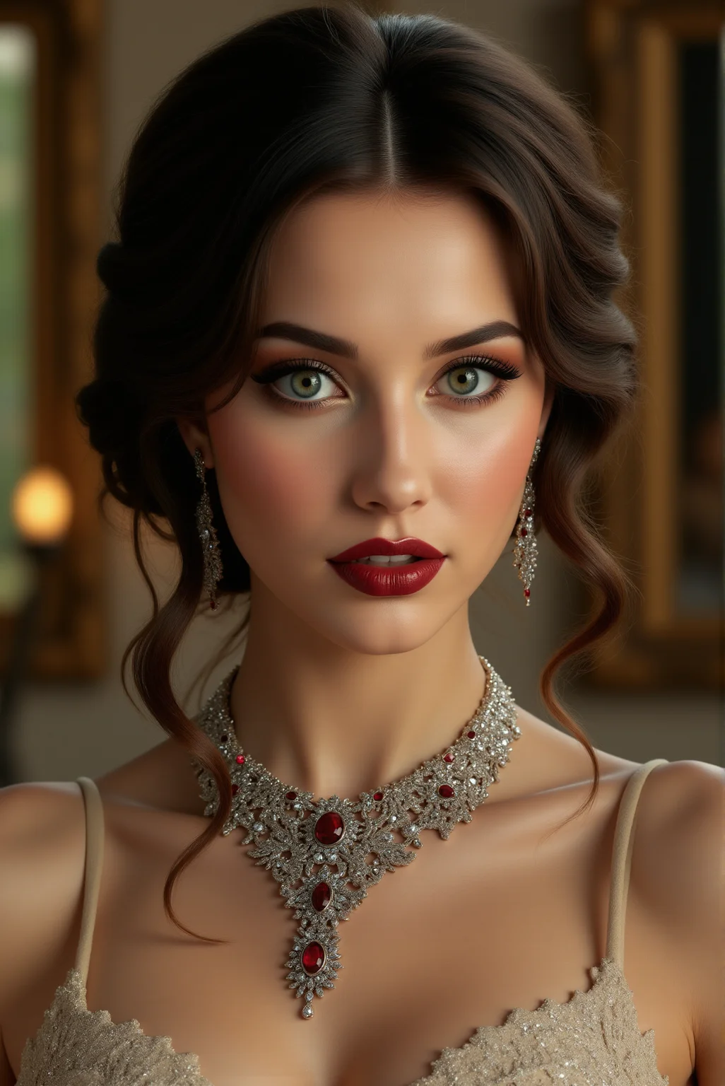 <lora:FFS_v.5:0.8> FFS style. The image is a high-resolution digital painting of a young woman with a realistic, detailed style. She has a striking, heart-shaped face with porcelain skin, adorned with a flawless makeup application featuring bold, dark red lipstick and subtle, smoky eye makeup with a touch of gold shimmer. Her eyes are a captivating green hue, accentuated by expertly applied mascara and long, dark eyelashes. Her dark brown hair is styled in an elegant, slightly messy updo, with soft, loose waves cascading down her shoulders. She wears an ornate, silver, beaded necklace that cascades down her chest, and matching earrings with a similar design featuring red gemstones. Her attire is not visible, but the image focuses on her upper body, suggesting an elegant, possibly formal occasion. The background is a softly focused, warm-toned, indoor setting with blurred, golden-hued lights and a framed piece of art visible, indicating an upscale, possibly vintage aesthetic. The lighting in the image is soft, casting a warm glow that highlights her features without harsh shadows, enhancing the overall romantic and sophisticated atmosphere of the scene.