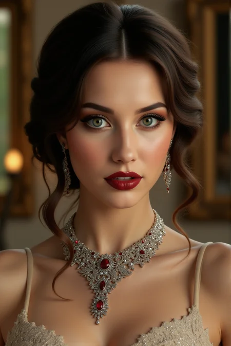 <lora:FFS_v.5:0.8> FFS style. The image is a high-resolution digital painting of a young woman with a realistic, detailed style. She has a striking, heart-shaped face with porcelain skin, adorned with a flawless makeup application featuring bold, dark red lipstick and subtle, smoky eye makeup with a touch of gold shimmer. Her eyes are a captivating green hue, accentuated by expertly applied mascara and long, dark eyelashes. Her dark brown hair is styled in an elegant, slightly messy updo, with soft, loose waves cascading down her shoulders. She wears an ornate, silver, beaded necklace that cascades down her chest, and matching earrings with a similar design featuring red gemstones. Her attire is not visible, but the image focuses on her upper body, suggesting an elegant, possibly formal occasion. The background is a softly focused, warm-toned, indoor setting with blurred, golden-hued lights and a framed piece of art visible, indicating an upscale, possibly vintage aesthetic. The lighting in the image is soft, casting a warm glow that highlights her features without harsh shadows, enhancing the overall romantic and sophisticated atmosphere of the scene.