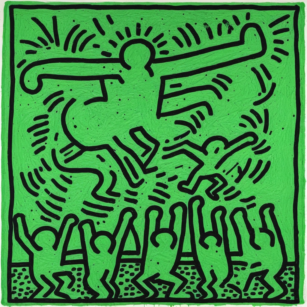 keithharingxl, a green painting with black and white designs on it <lora:KeithHaringXL_v1:1>