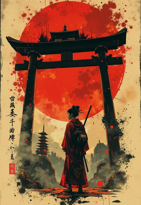 nistyle, Inkplash art on rice paper, sepia, henna , Silhouette Art, magnificent, inksplash poster art, double image, large red tori gate, together with closeup portrait of Japanese shrine maiden, Japanese kanji