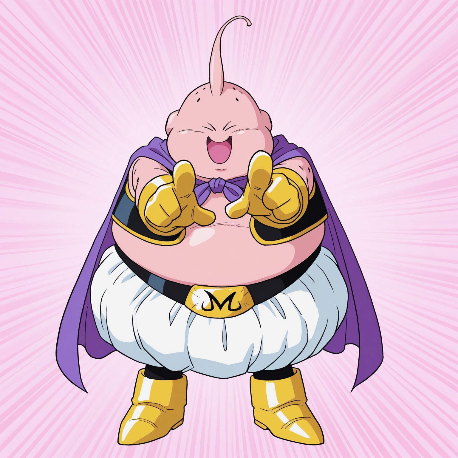 Goodbuudbz, 2d, solo, male, eyes closed, no nose pink antenna, fat, pink skin, purple cape, belt, belt buckle, yellow gloves, yellow boots, white baggy pants, black and yellow vest, hole_(anatomy)

BREAK open mouth smile, pointing at viewer, upper body focus, pink abstract background, 