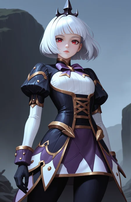 masterpiece, best quality, Kjorp, bob cut, blunt bangs, red eyes, white hair, puffy short sleeves, tiara, purple bowtie, black corset, sleeve cuffs, white sleeves, black gloves, short over long sleeves, black leggings, high belt, showgirl skirt, purple skirt, white skirt, black skirt, ribbed shirt, gold trim, multicolored skirt, 1girl, outdoors, standing, looking at viewer, facing viewer, <lora:Orphea NB3:1>