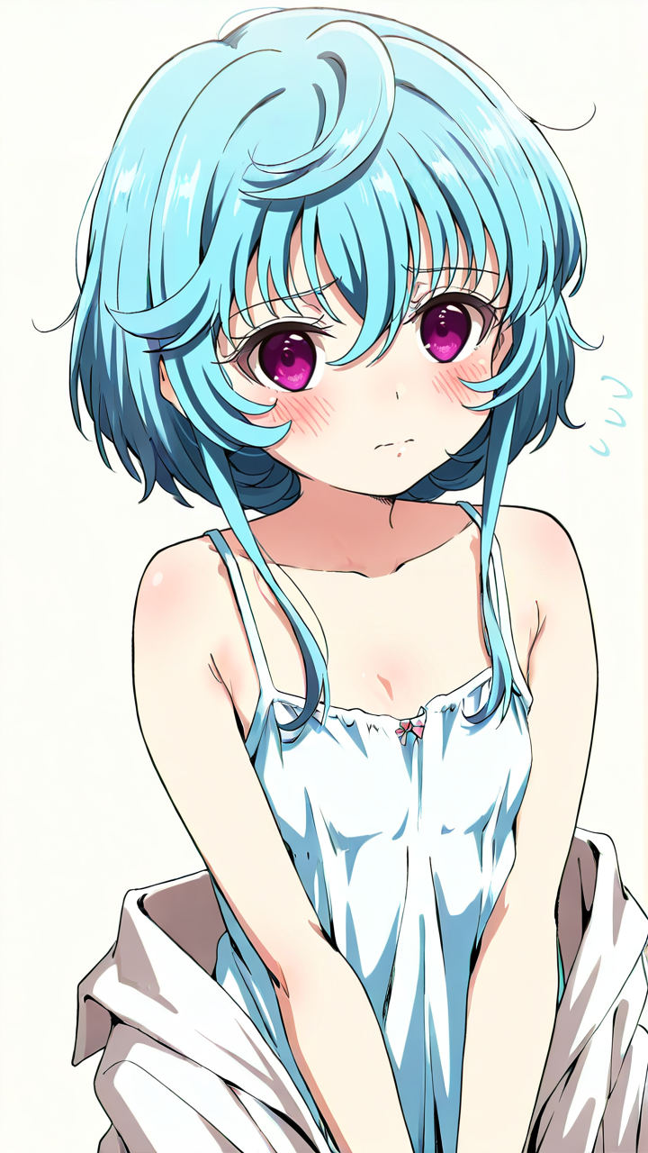 white_background,simple background,1girl,solo,full_shot,looking_at_viewer,<lora:Maryberry_Illustrious_v8:1>,Maryberry,blush,anime screenshot,sincos,looking_up,labcoat,camisole,oversized_clothes,shy,covering,white camisole,, masterpiece, best quality