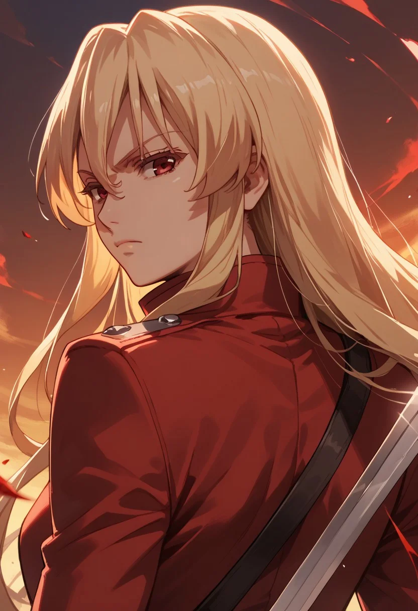 score_9,score_8_up,score_7_up,source_anime,Leticia Draculea (Adult),1girl,solo,looking at viewer,closed mouth,upper body,weapon,looking back,sword,from behind,
