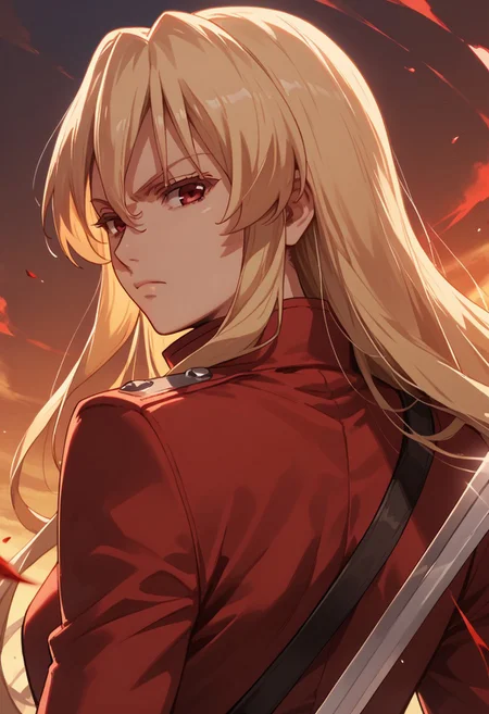 score_9,score_8_up,score_7_up,source_anime,Leticia Draculea (Adult),1girl,solo,looking at viewer,closed mouth,upper body,weapon,looking back,sword,from behind,