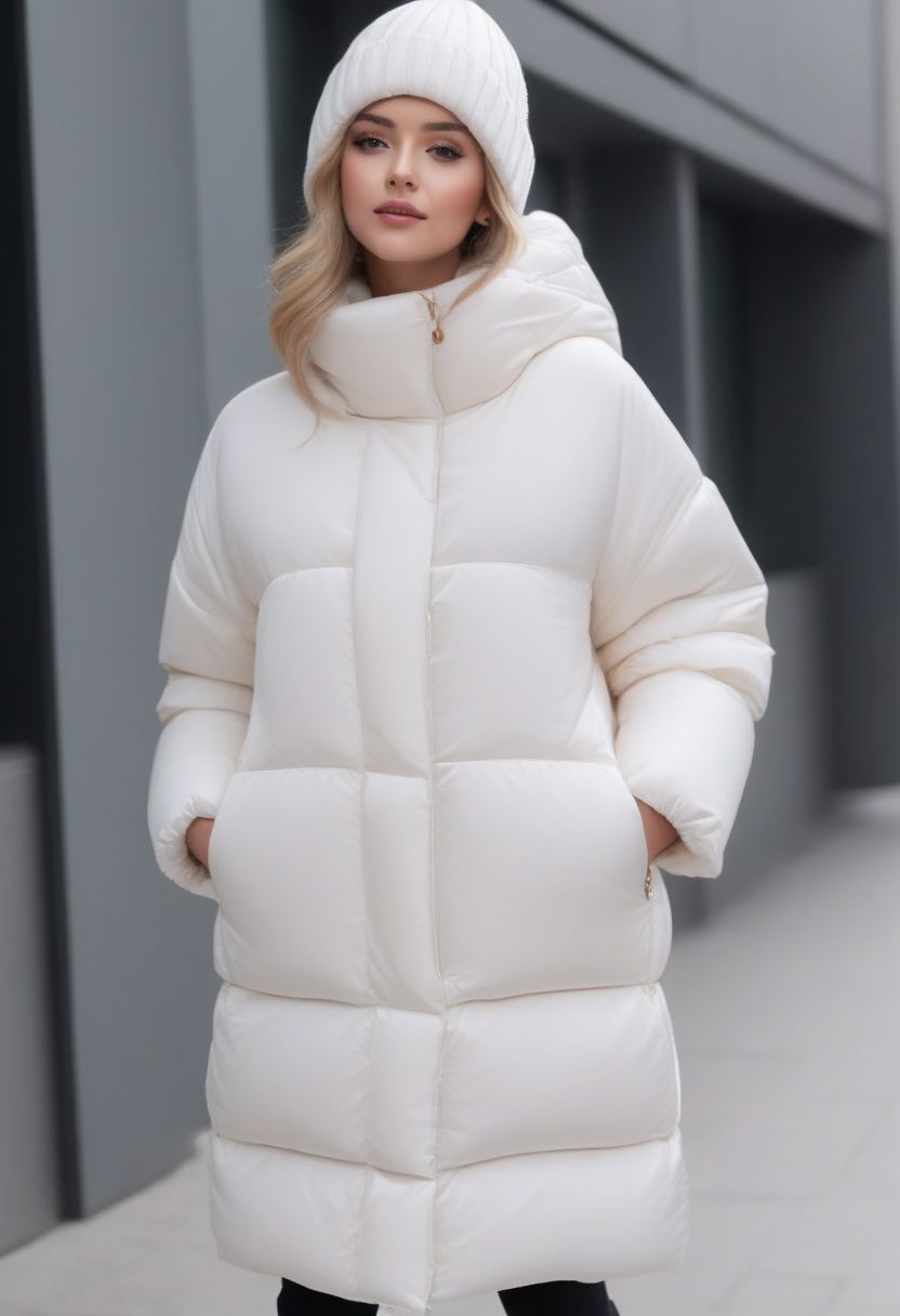 (white quilted down coat:1.4), (white quilted puffer coat:1.4), (white quilted winter clothes:1.4), (puffer hood up:1.4), (down hood up:1.4), (very snowing, very cold:1.4), (full body, ankle winter boots:1.4), (city, street, winter, snow:1.4), (snowing clothes:1.4), walking, daytime, sun, sunlight, (leggings:1.4), thigh boots, green eyes, tsurime, blonde hair, streaked hair, medium hair, light smile, straight hair, dyed bangs, sidelocks, beanie, eyelashes, eyeliner, masterpiece, high quality, best quality, beautiful lighting, realistic lighting, beautiful eyes, beautiful hair, beautiful face, detailed face, high quality face, realistic background, detailed background, (hands behind back:1.5), (from front:1.5), cuffs, collar, (Thick padded cuffs:1.4), (Thick padded collar:1.4), <lora:Collar-SDXL:0.75>, <lora:Cuffs-SDXL:0.75>, <lora:fashion_lora:0.6>