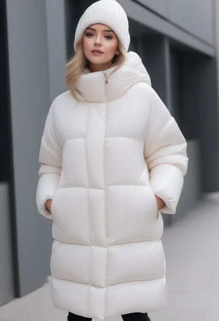 (white quilted down coat:1.4), (white quilted puffer coat:1.4), (white quilted winter clothes:1.4), (puffer hood up:1.4), (down hood up:1.4), (very snowing, very cold:1.4), (full body, ankle winter boots:1.4), (city, street, winter, snow:1.4), (snowing clothes:1.4), walking, daytime, sun, sunlight, (leggings:1.4), thigh boots, green eyes, tsurime, blonde hair, streaked hair, medium hair, light smile, straight hair, dyed bangs, sidelocks, beanie, eyelashes, eyeliner, masterpiece, high quality, best quality, beautiful lighting, realistic lighting, beautiful eyes, beautiful hair, beautiful face, detailed face, high quality face, realistic background, detailed background, (hands behind back:1.5), (from front:1.5), cuffs, collar, (Thick padded cuffs:1.4), (Thick padded collar:1.4), <lora:Collar-SDXL:0.75>, <lora:Cuffs-SDXL:0.75>, <lora:fashion_lora:0.6>
