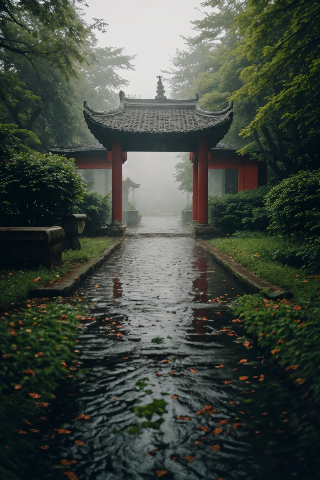 wide angle shot, dynamic, fantasy world, stone road, river, green lush gardens, Chinese temple, foggy, alleys, small town. market square, falling leaves, puddles, adventure, overgrown brutalism