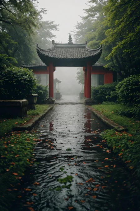 wide angle shot, dynamic, fantasy world, stone road, river, green lush gardens, Chinese temple, foggy, alleys, small town. market square, falling leaves, puddles, adventure, overgrown brutalism