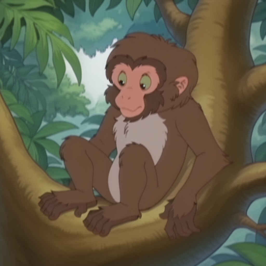 masterpiece, best quality, amazing quality,  MitziLBil, feral, female, monkey, brown fur, green sclera, black eyes, full body, in a jungle, lying, in a tree,