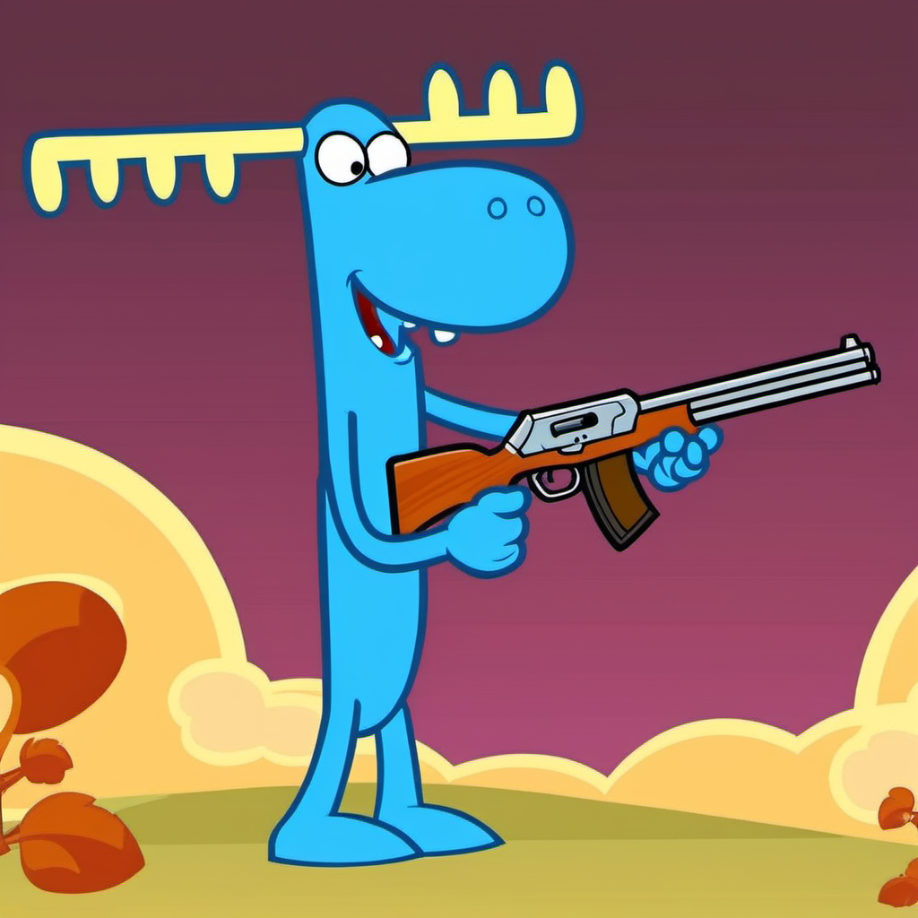 Lumpy1024, a tall  blue cartoon character with a shotgun hunting <lora:Lumpy1024:0.9>
