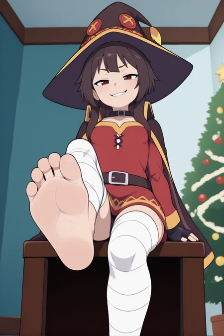 masterpiece, best quality, flat colors
BREAK
<lora:Megumin_Illustrious:0.6> megumin, short hair, black hair, red eyes, short hair with long locks, gloves, hat, dress, black gloves, belt, fingerless gloves, cape, collar, witch hat, bandages, red dress, bandaged leg,
BREAK
barefeet,barefoot, (foot_focus, from_below), ((sole of a foot fills the entire screen)), smirk face, half-closed eyes, small breast, (sitting), feet pose, soles (one leg towards to viewer),
BREAK
fireplace-lit living room with holiday stockings and a decorated tree